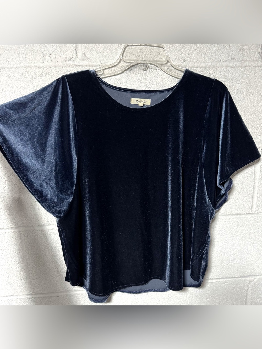 Madewell Velvet Butterfly Top L Deep Navy Blue Flutter Sleeve Boxy Holiday Jewel